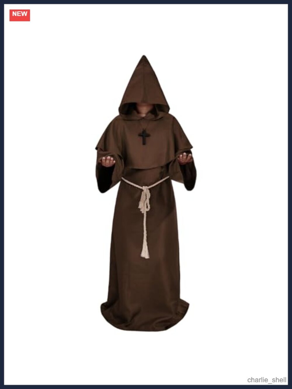 Medieval Monk Robe Costume for Men with Hood, Hat, Belt & Cross - Halloween